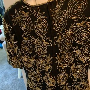 Beautiful Vintage silk blouse black with gold beading size M